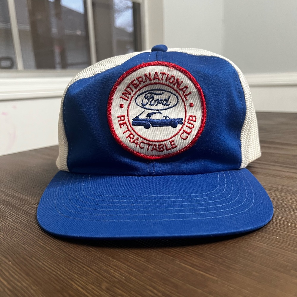 Vintage 80s Ford trucker patch hat. International Retractable Club cobalt blue.